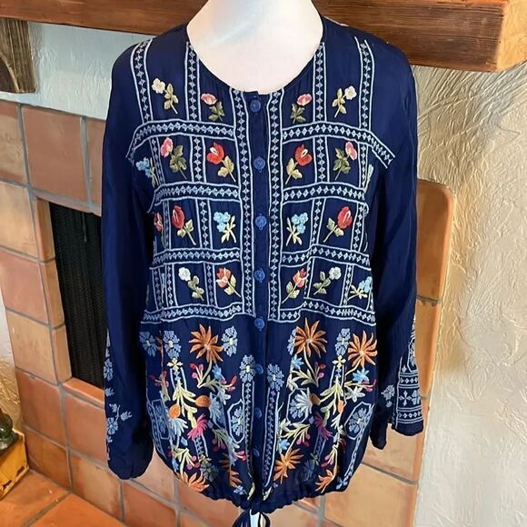 Johnny Was Blue EmbroideredWyatt Blouse, L - Picture 1 of 11